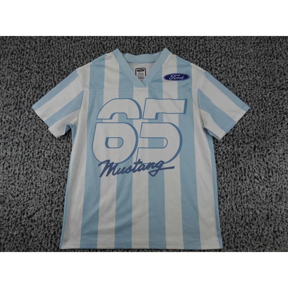 Hybrid Apparel Ford Mustang Jersey Mens Small Blue Excellent 65 Graphic V-Neck